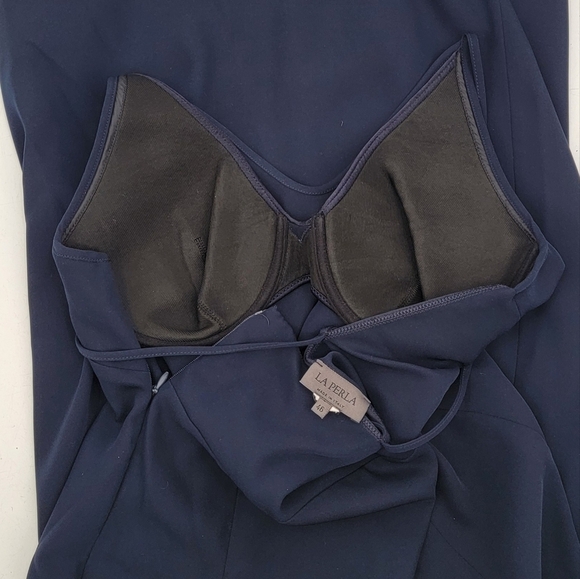La Perla Dress Size 46 Navy Blue Sheath Column Criss Cross Back Minimalist - Picture 10 of 16